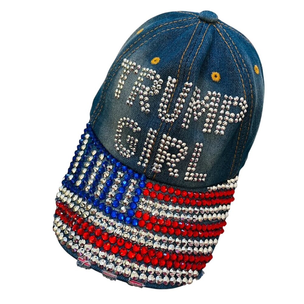 NWOT Trump Girl Bling Distressed Denim Strap Back Cap American Flag Patriotic